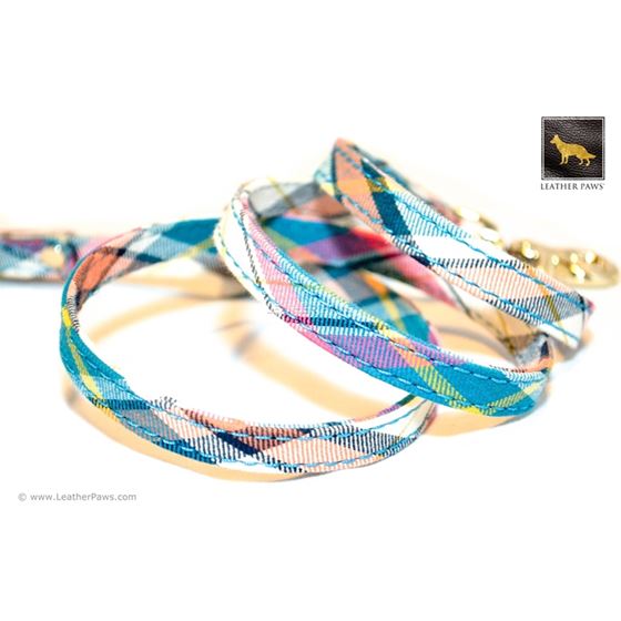 Ocean Plaid Bow Tie Leather Leash