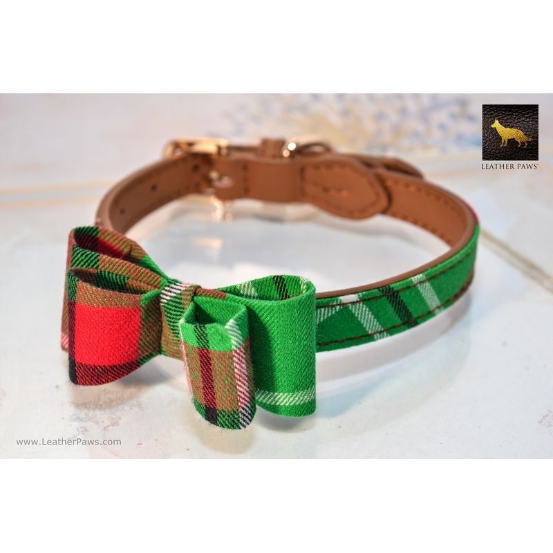 Garden Plaid Bowtie Leather Collar